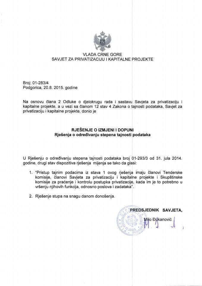 Predlog rješenja o izmjeni i dopuni Rješenja o određivanju stepena tajnosti podataka - rješenja