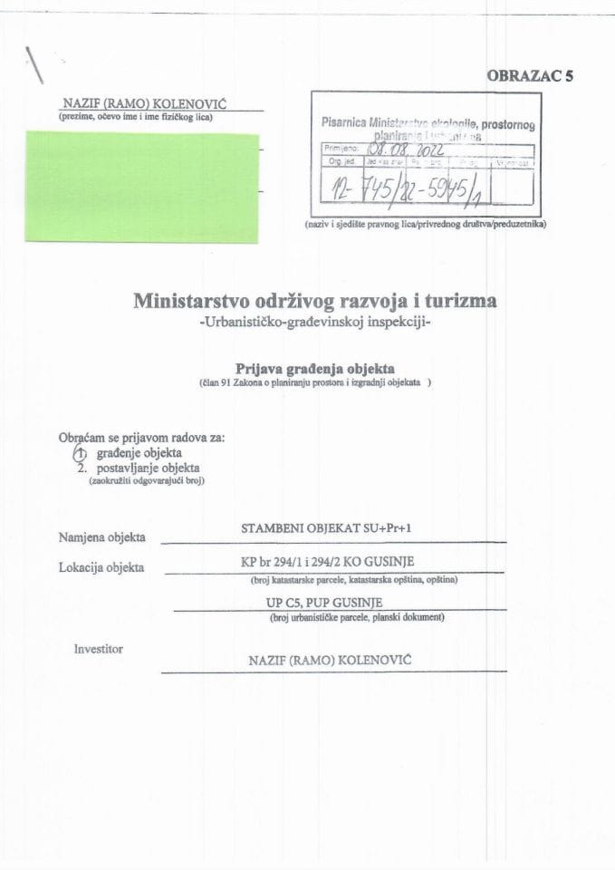 Prijava građenja objekta - 12-745-22-5945-1 Nazif (Ramo) Kolenović