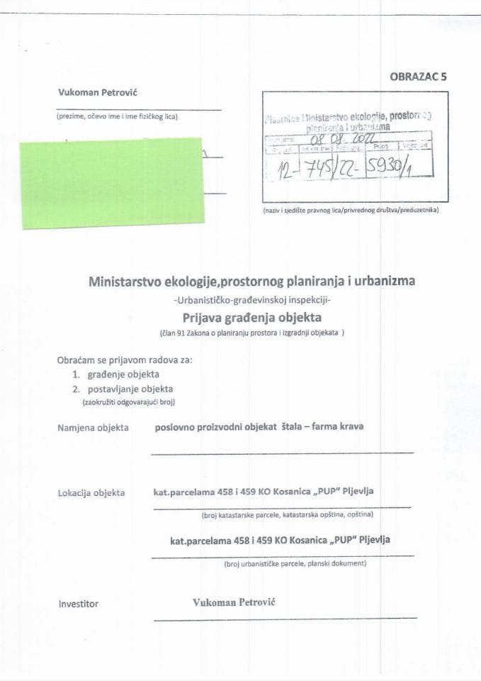 Prijava građenja objekta - 12-745-22-5930-1 Vukoman Petrović