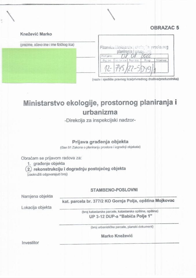 Prijava građenja objekta - 12-745-22-5949-1 Marko Knežević