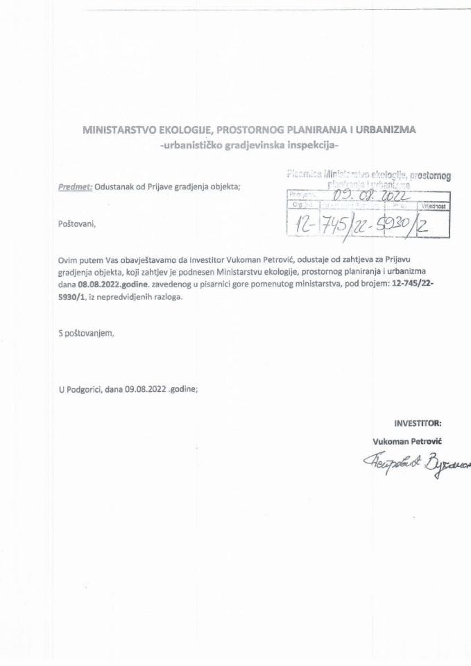 Prijava građenja objekta - 12-745-22-5930-2 Vukoman Petrović - povlačenje