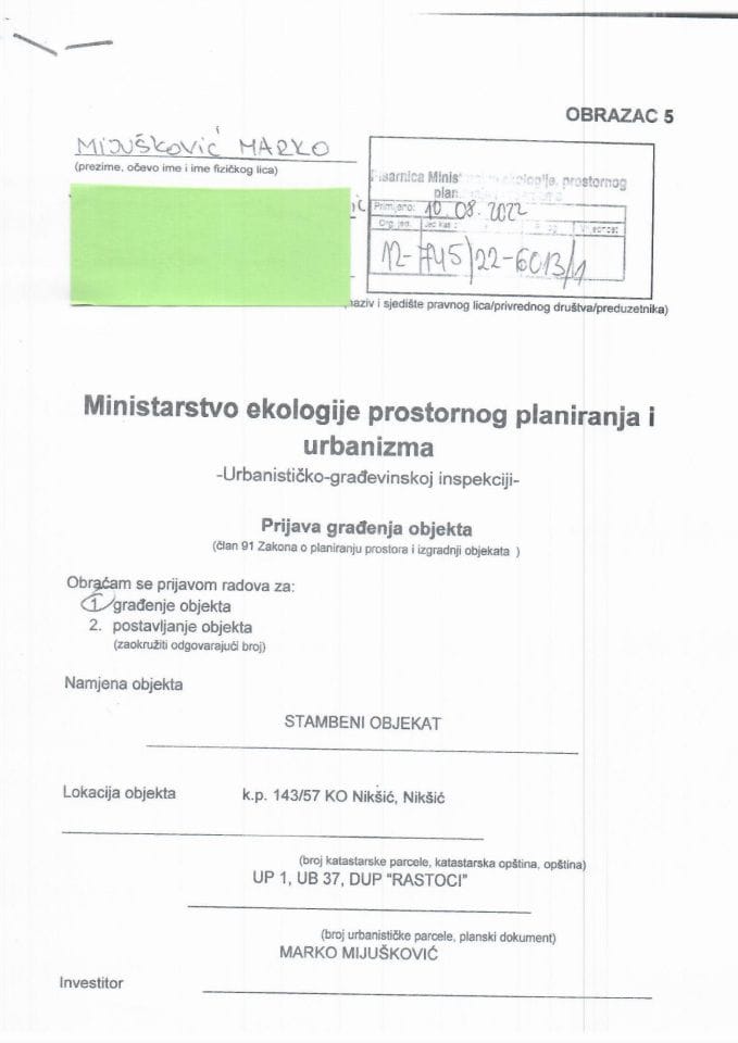 Prijava građenja objekta - 12-745-22-6013-1 Marko Mijušković