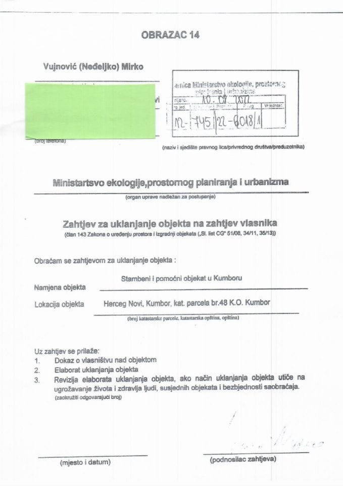 Zahtjev za uklanjanje objekta na zahtjev vlasnika - 12-745-22-6018-1 Vujnović Mirko