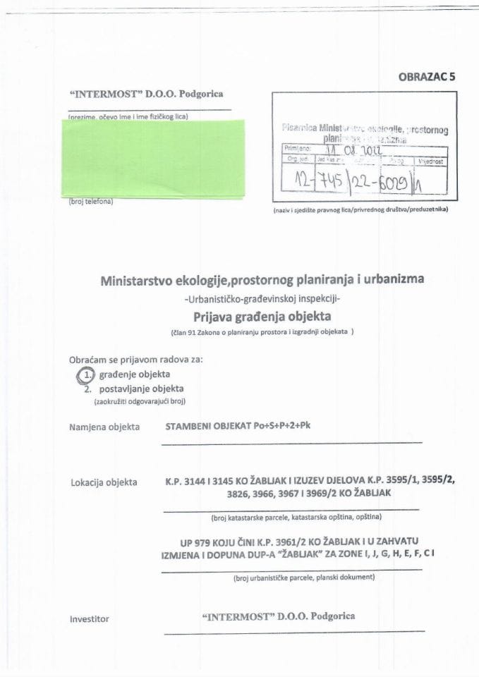 Prijava građenja objekta - 12-745-22-6029-1 Intermost d.o.o. Podgorica