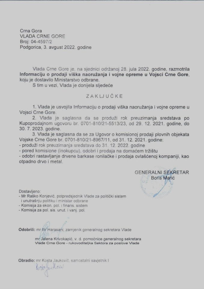 Информација о продаји вишка наоружања и војне опреме у Војсци Црне Горе (без расправе) - закључци