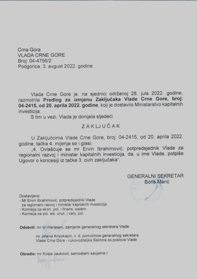 Предлог за измјену закључака Владе Црне Горе, број: 04-2415, од 20. априла 2022. године (без расправе) - закључци