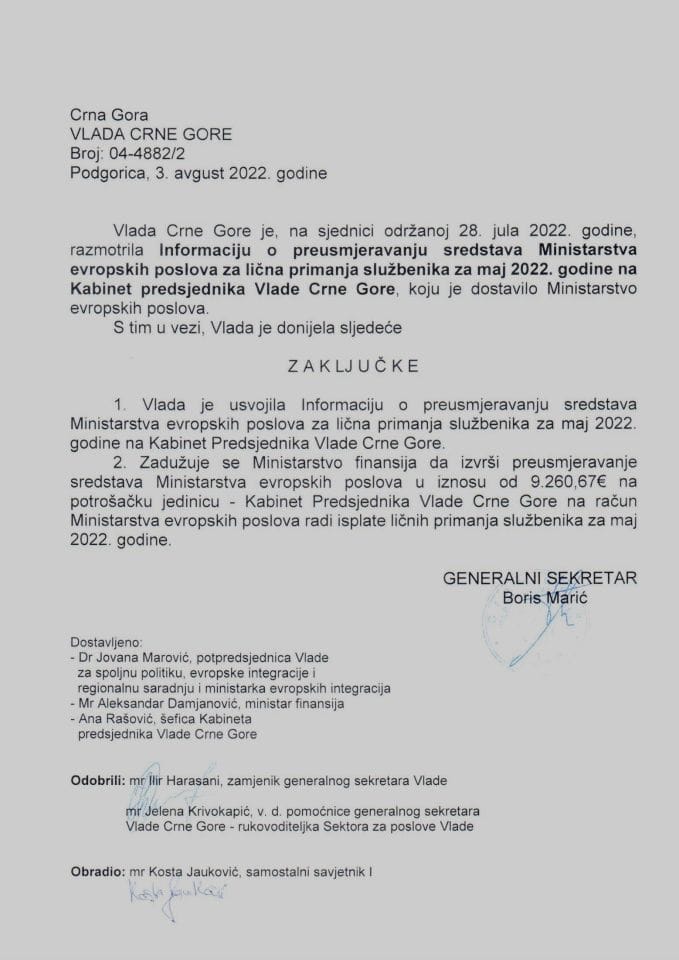 Информација о преусмјеравању средстава Министарства европских послова за лична примања службеника за мај 2022. године на Кабинет предсједника Владе Црне Горе - закључци