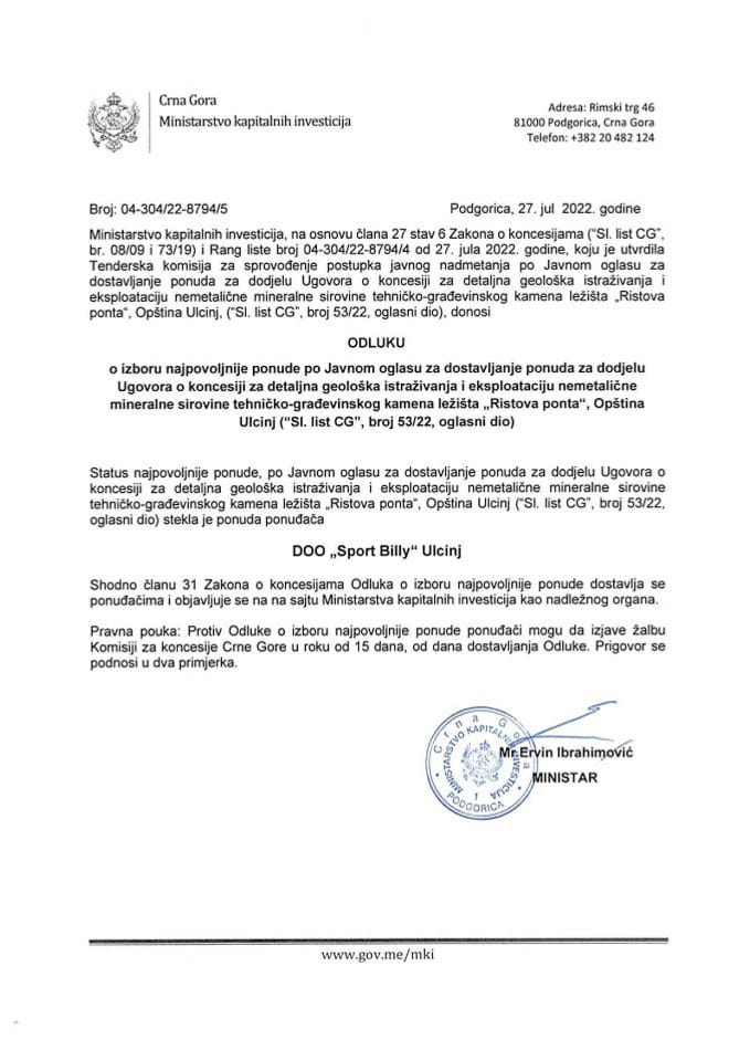 Одлука о избору најповољније понуде за додјелу Уговора о концесији лежишта „Ристова понта“, Општина Улцињ