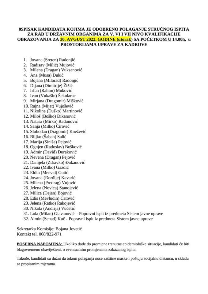 Списак кандидата 30. август 2022.