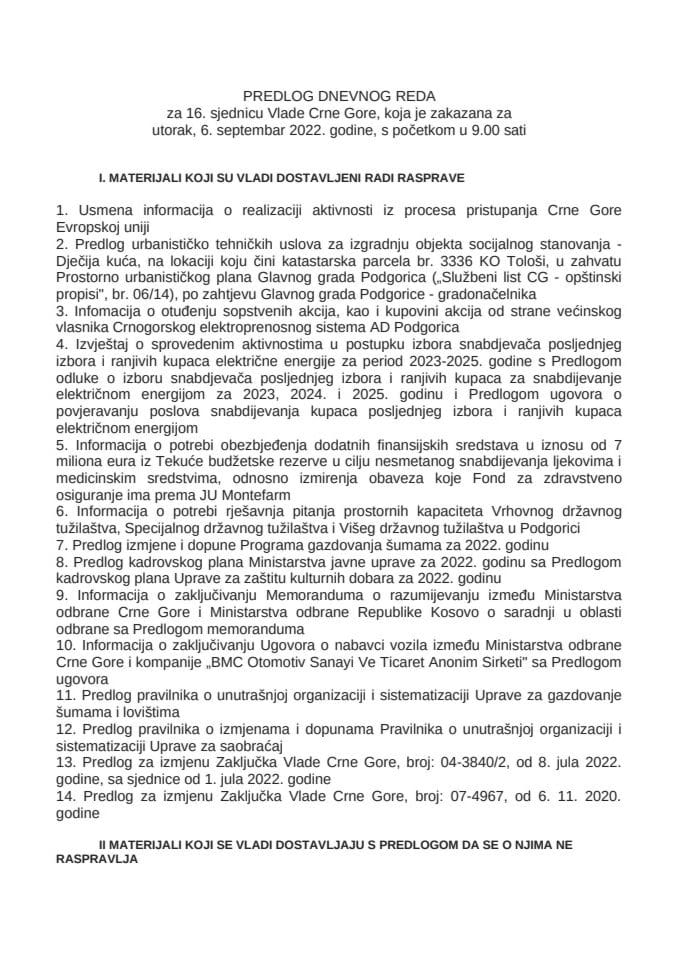 Предлог дневног реда за 16. сједницу Владе Црне Горе