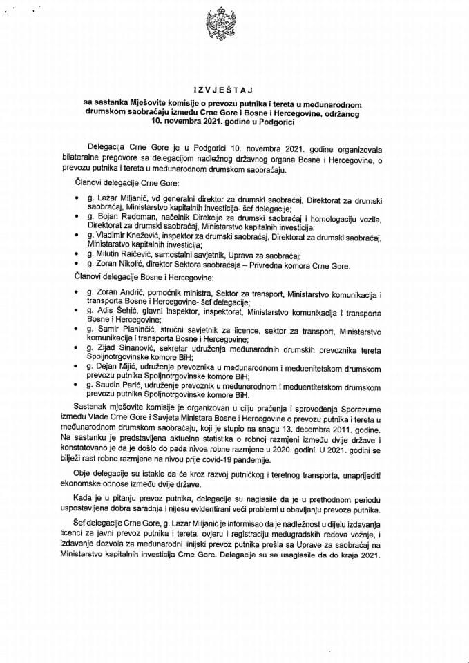 Izvještaj sa sastanka Mješovite komisije o prevozu putnika i tereta u međunarodnom drumskom saobraćaju između Crne Gore i Bosne i Hercegovine, održanog 10. novembra 2021. godine, u Podgorici