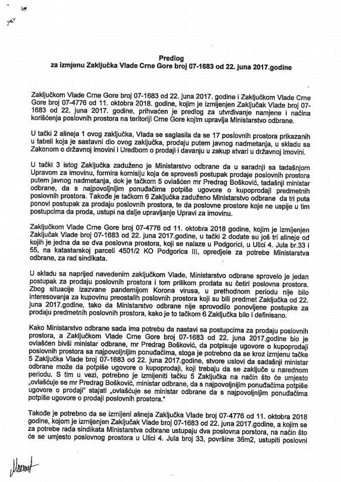 Predlog za izmjenu Zaključka Vlade Crne Gore, broj: 07-1683, od 22. juna 2017. godine, sa sjednice od 15. juna 2017. godine