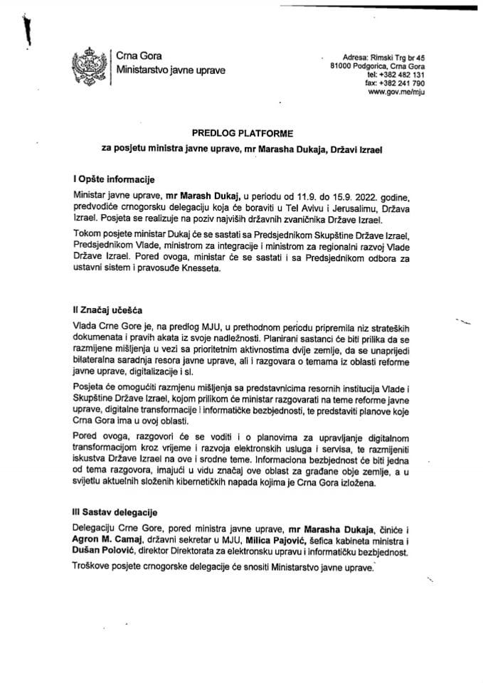 Predlog platforme za posjetu ministra jevne uprave mr Marash Dukaja Državi Izrael, od 11. do 15. septembra 2022. godine