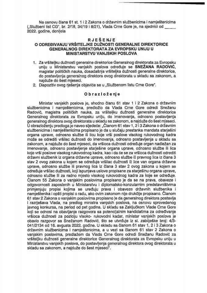 Predlog za određivanje v.d. generalne direktorice Generalnog direktorata za Evropsku uniju u Ministarstvu vanjskih poslova