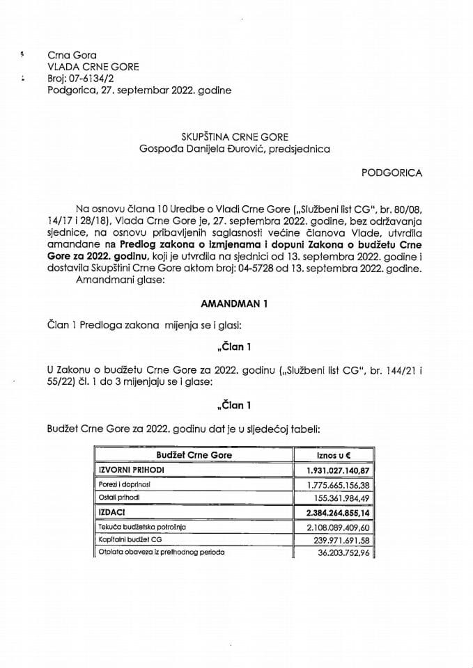 Tekst Amandmana na Predlog zakona o izmjenama i dopuni Zakona o budžetu Crne Gore za 2022. godinu - zaključci