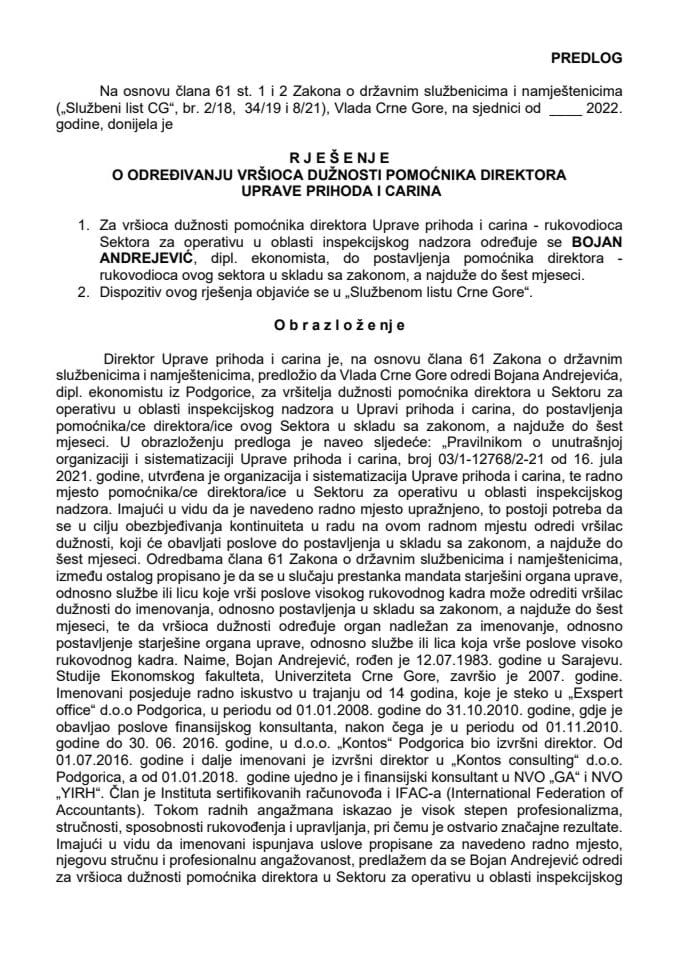 Predlog za određivanje vršioca dužnosti pomoćnika direktora Uprave prihoda i carina - rukovodioca Sektora za operativu u oblasti inspekcijskog nadzora