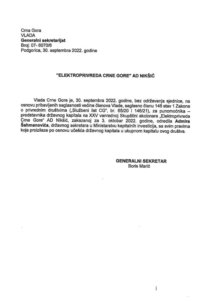 Predlog za određivanje punomoćnika-predstavnika državnog kapitala na XXV vanrednoj sjednici Skupštine akcionara Elektroprivrede Crne Gore AD Nikšić