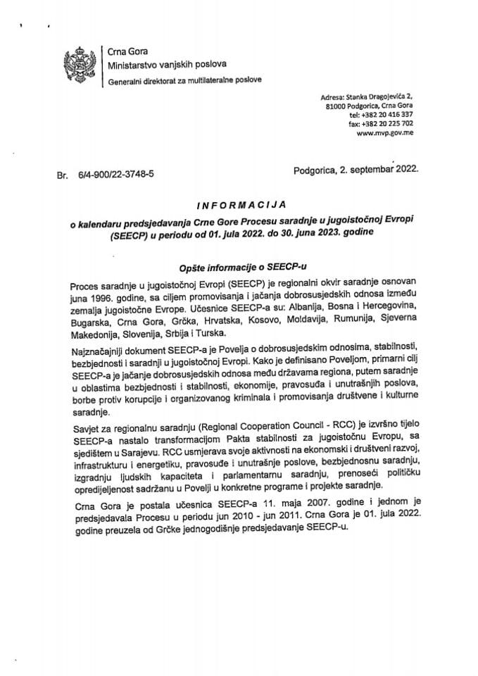 Informacija o kalendaru predsjedavanja Crne Gore Procesu saradnje u jugoistočnoj Evropi (SEECP) u periodu od 1. jula 2022. do 30. juna 2023. godine