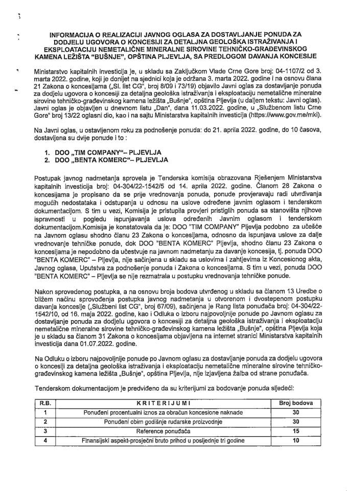 Informacija o realizaciji javnog oglasa za dostavljanje ponuda za dodjelu ugovora o koncesiji za detaljna geološka istraživanja eksploataciju nemetalične mineralne sirovine tehničko - građevinskog kamena ležišta Bušnje