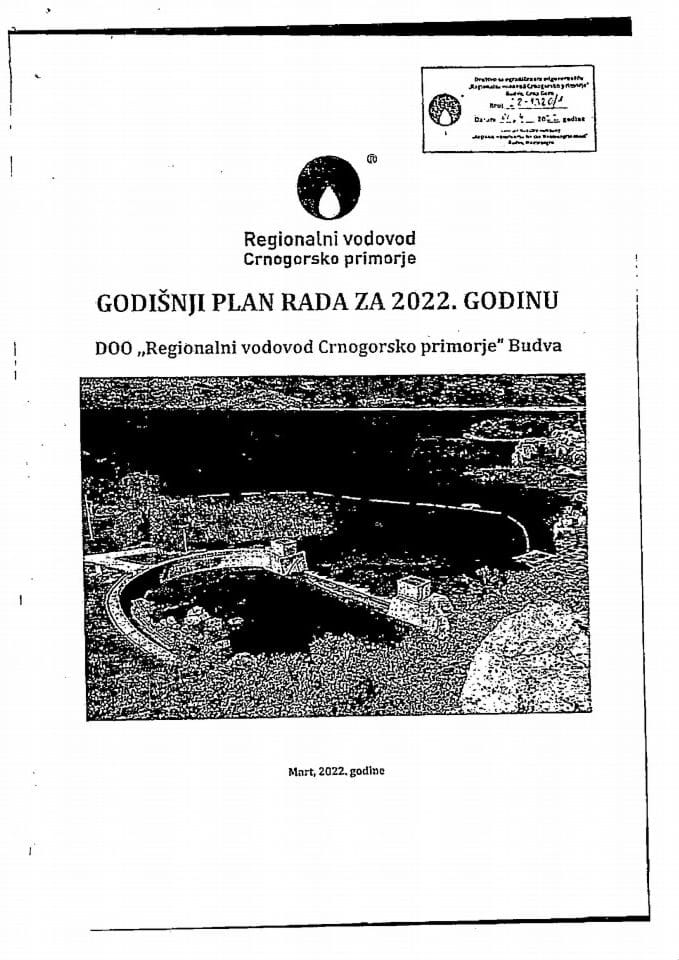 Godišnji plan rada za 2022. godinu DOO Regionalni vodovod Cmogorsko primorje Budva