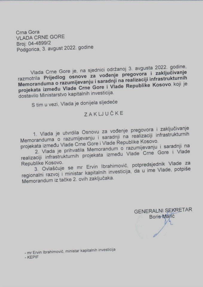 Predlog osnove za vođenje pregovora i zaključivanje Memoranduma o razumijevanju i saradnji na realizaciji infrastrukturnih projekata između Vlade Crne Gore i Vlade Republike Kosovo - zaključci