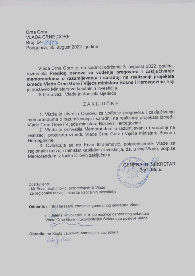 Предлог основе за вођење преговора и закључивање меморандума о разумијевању и сарадњи на реализацији инфраструктурних пројеката између Владе Црне Горе и Вијећа министара Босне и Херцеговине - закључци