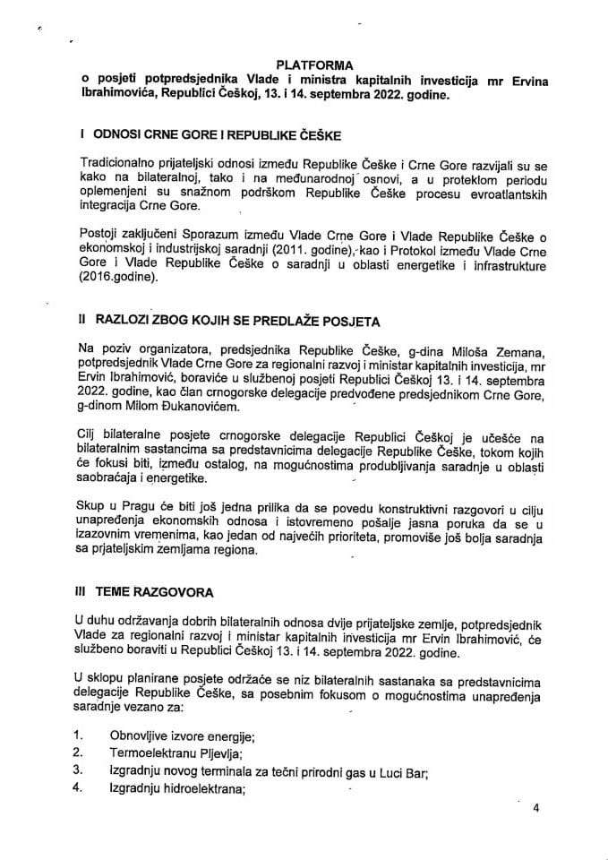 Predlog platforme za posjetu potpredsjednika Vlade i ministra kapitalnih investicija mr Ervina Ibrahimovića Pragu, Republika Češka, 13. 14. septembra 2022. godine