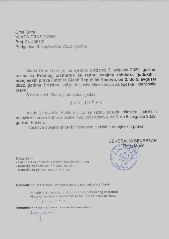 Предлог платформе за радну посјету министра људских и мањинских права Fatmira Gjeke Републици Косово, од 3. до 5. августа 2022. године, Приштина - закључци
