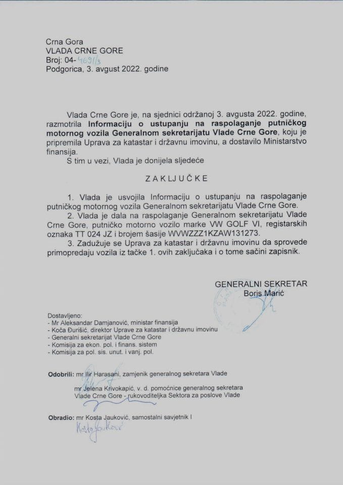 Информација о уступању на располагање путничког моторног возила Генералном секретаријату Владе Црне Горе - закључци
