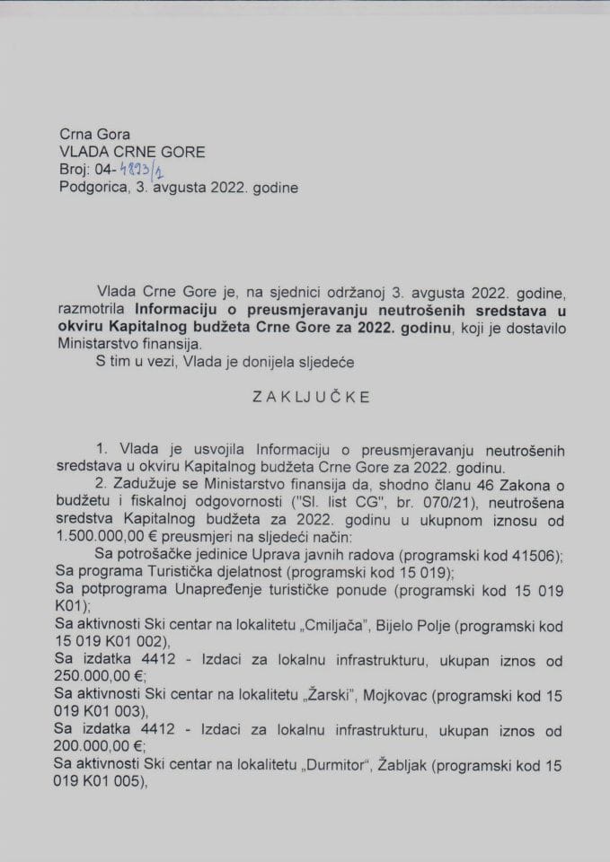 Информација о преусмјеравању неутрошених средстава у оквиру Капиталног буџета Црне Горе за 2022. годину - закључци