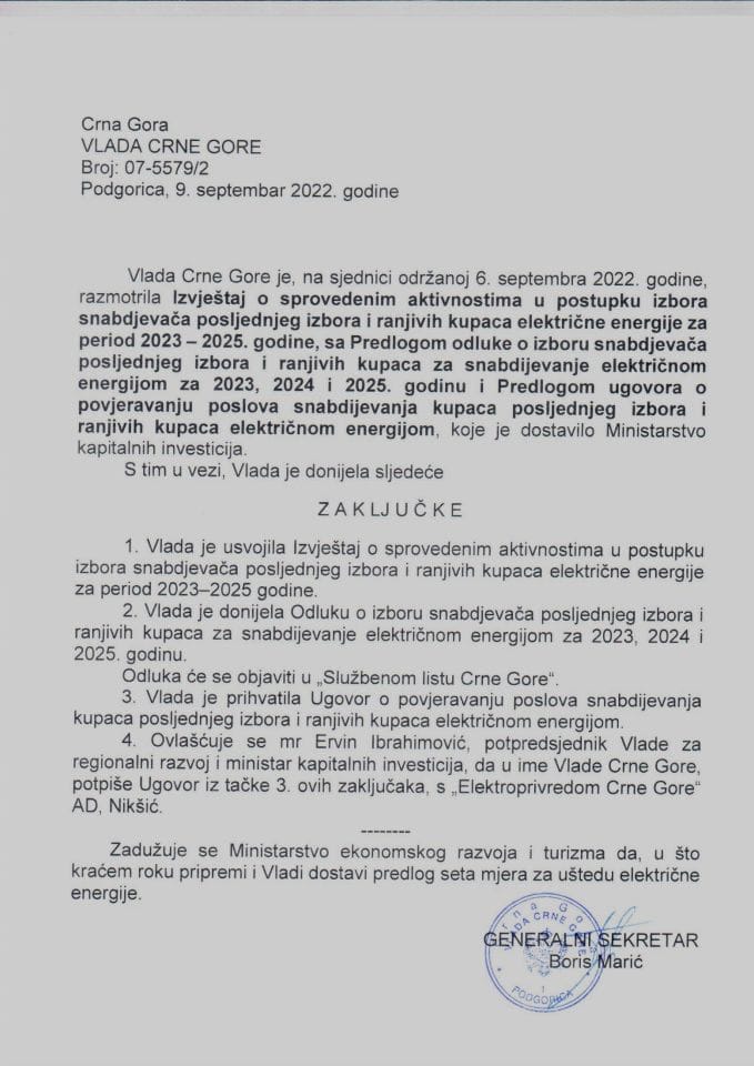 Izvještaj o sprovedenim aktivnostima u postupku izbora snabdjevača posljednjeg izbora i ranjivih kupaca električne energije za period 2023-2025. godine - zaključci