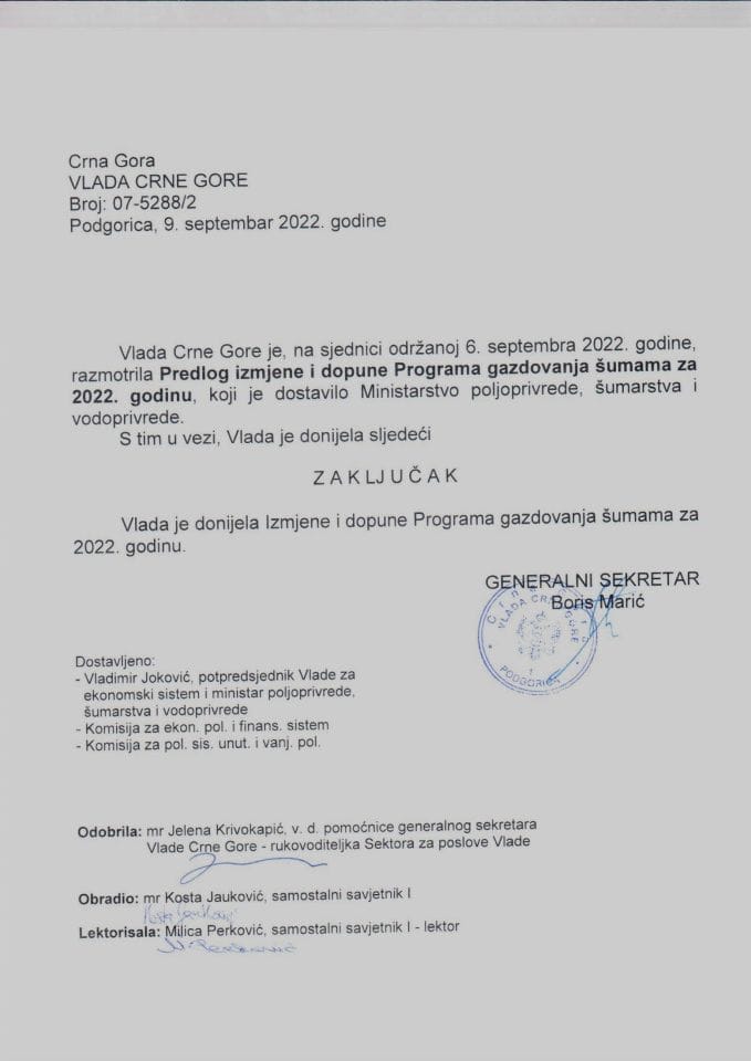 Predlog izmjene i dopune Programa gazdovanja šumama za 2022. godinu - zaključci