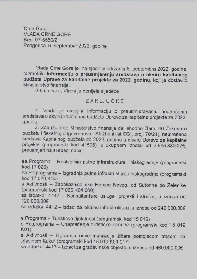 Informacija o preusmjerenju neutrošenih sredstava u okviru Kapitalnog budžeta Uprave za kapitalne projekte za 2022. godinu - zaključci