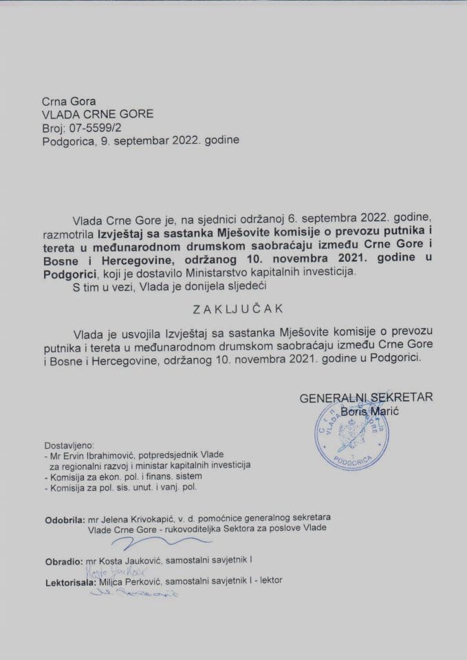 Izvještaj sa sastanka Mješovite komisije o prevozu putnika i tereta u međunarodnom drumskom saobraćaju između Crne Gore i Bosne i Hercegovine, održanog 10. novembra 2021. godine, u Podgorici - zaključci