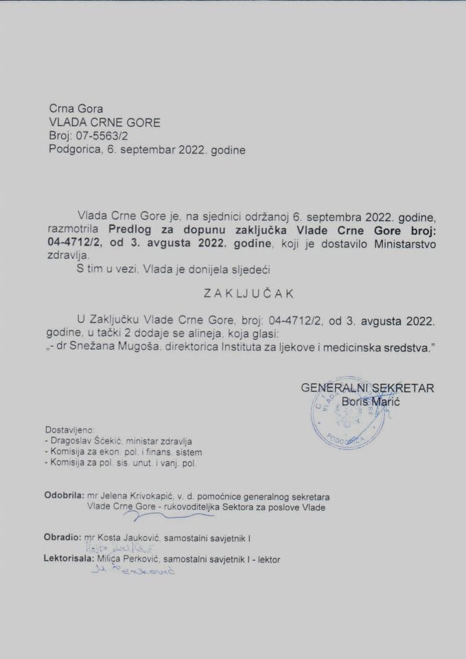 Predlog za izmjenu Zaključka Vlade Crne Gore, broj: 04-4712/2, od 3. avgusta 2022. godine - zaključci