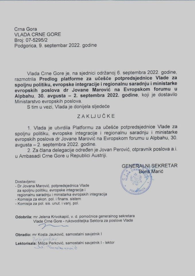 Predlog platforme za učešće potpredsjednice Vlade za spoljnu politiku, evropske integracije i regionalnu saradnju i ministarke evropskih poslova na Evropskom forumu u Alpbahu, 30. avgust-2. septembar 2022. godine - zaključci