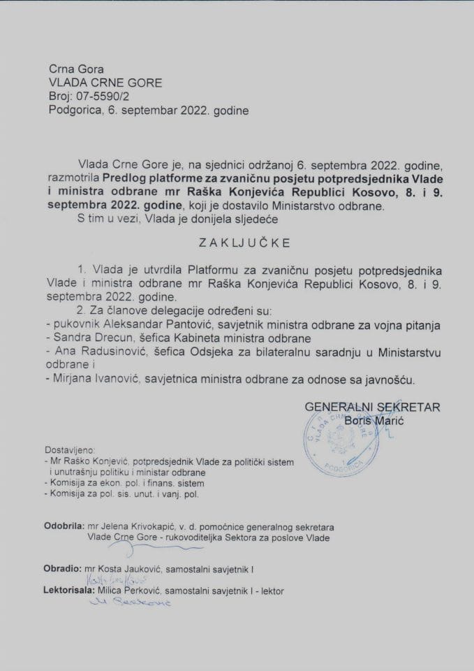 Predlog platforme za zvaničnu posjetu potpredsjednika Vlade i ministra odbrane, mr Raška Konjevića, Republici Kosovo, 8. i 9. septembra 2022. godine - zaključci