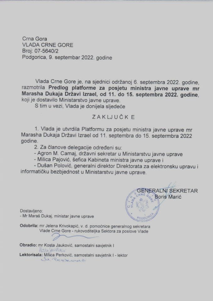 Predlog platforme za posjetu ministra jevne uprave mr Marash Dukaja Državi Izrael, od 11. do 15. septembra 2022. godine - zaključci