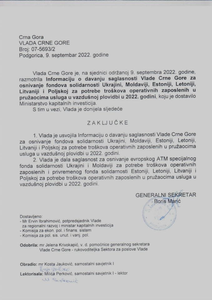 Informacija o davanju saglasnosti Vlade Crne Gore za osnivanje fondova solidarnosti Ukrajini, Moldaviji, Estoniji, Letoniji, Litvaniji i Poljskoj za potrebe troškova operativnih zaposlenih u pružaocima usluga u vazdušnoj plovidbi u 2022. godini - zaključci