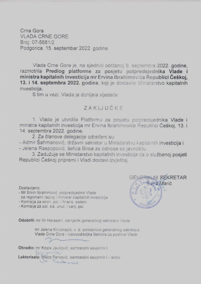 Predlog platforme za posjetu potpredsjednika Vlade i ministra kapitalnih investicija mr Ervina Ibrahimovića Pragu, Republika Češka, 13. 14. septembra 2022. godine - zaključci