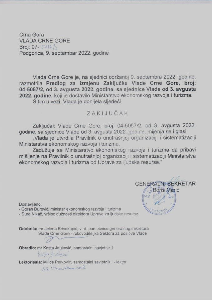 Predlog za izmjenu Zaključka Vlade Cme Gore, broj: 04-5057/2, od 3. avgusta 2022. godine, sa sjednice od 3. avgusta 2022. godine - zaključci