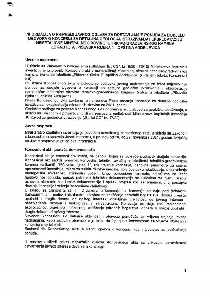 Информација о припреми јавног огласа за достављање понуда за додјелу Уговора о концесији за детаљна геолошка истраживања и експлоатацију неметаличне минералне сировине техничко - грађевинског камена, Андријевица