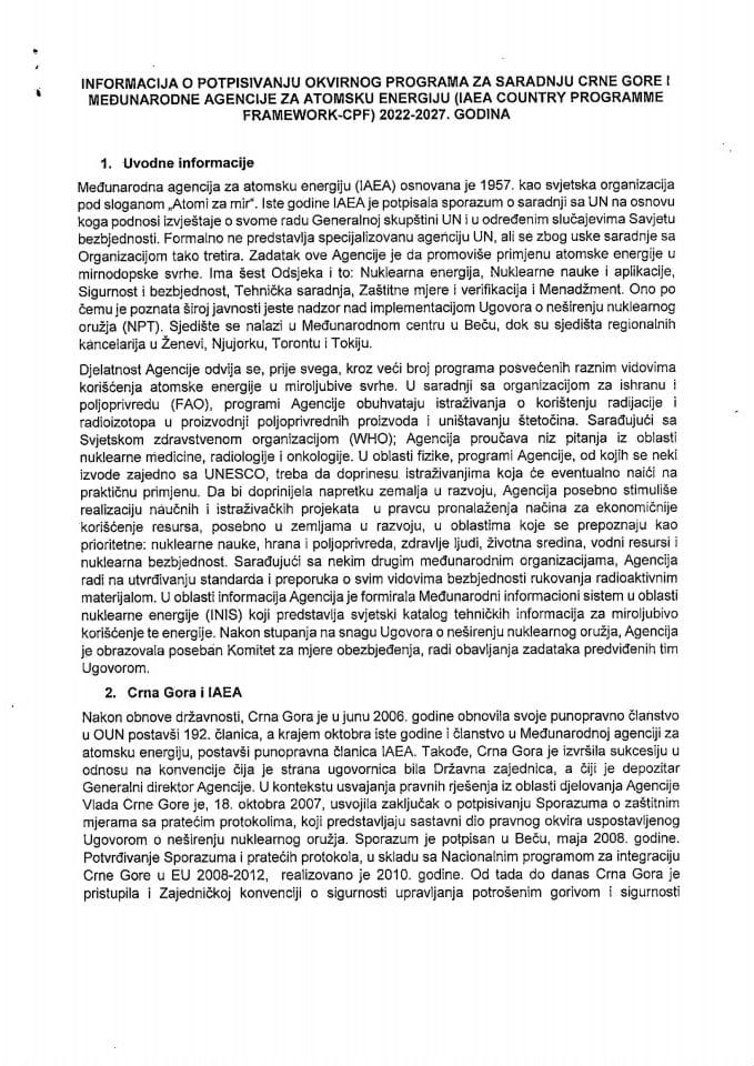 Информација о потписивању Оквирног програма за сарадњу Црне Горе и Међународне агенције за атомску енергију (IAEA Country programme Framework - CPF) 2022-2027. година с Предлогорн оквирног програма