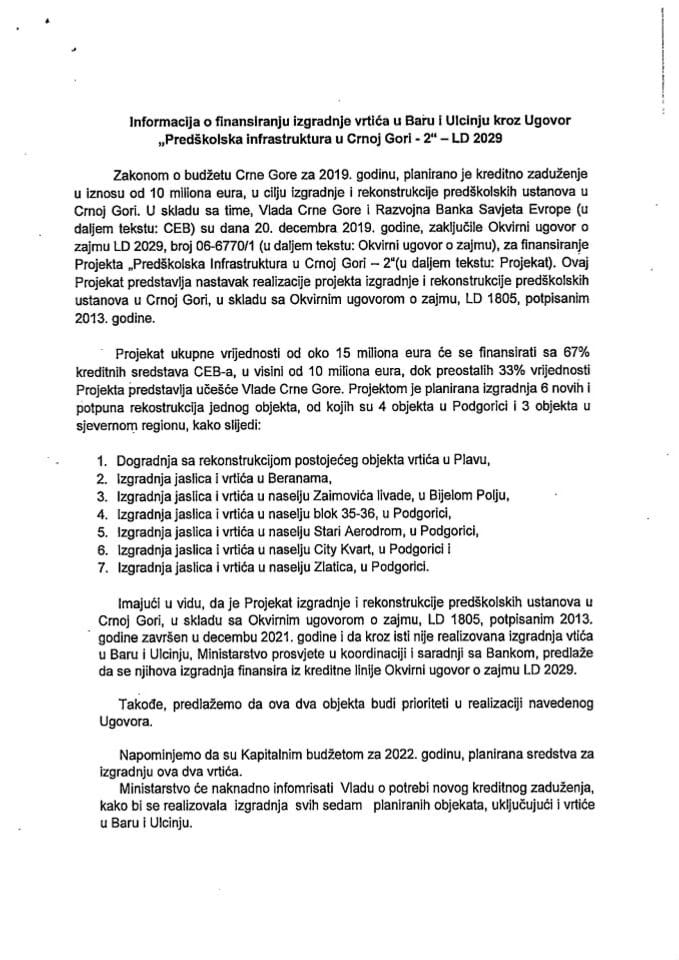 Informacija o finansiranju izgradnje vrtića u Baru i Ulcinju kroz Ugovor „Predškolska  Infrastruktura u Crnoj Gori - 2" – LD 2029