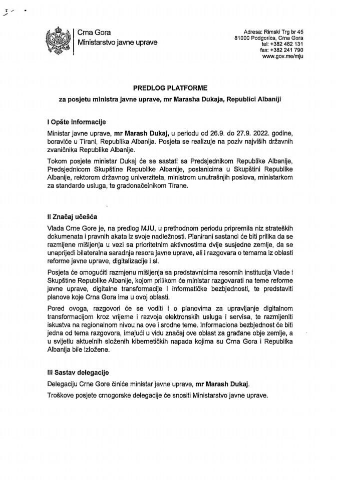 Предлог платфроме за посјету министра јавне управе мр Марасх Дукаја Републиц Албанији, 26. и 27. септембра 2022. године
