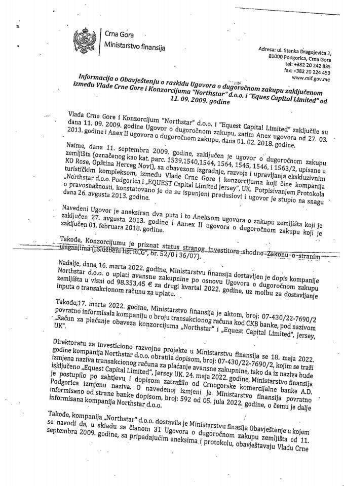 Informacija o Obavještenju o raskidu Ugovora o dugoročnom zakupu zaključenom između Vlade Crne Gore i konzorcijuma, "Northstar" d.o.o. i ,,Eques Capital Limited" od 11.9.2009. godine