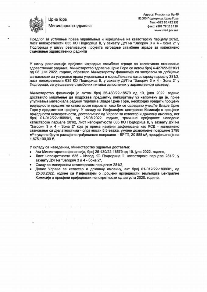 Predlog za ustupanje prava upravljanja i korišćenja na katastarsku parcelu 281/2, list nepokretnosti 635 KO Podgorica II, u zahvatu DUP-a ,,Zagorič 3 i 4 - Zona 2"