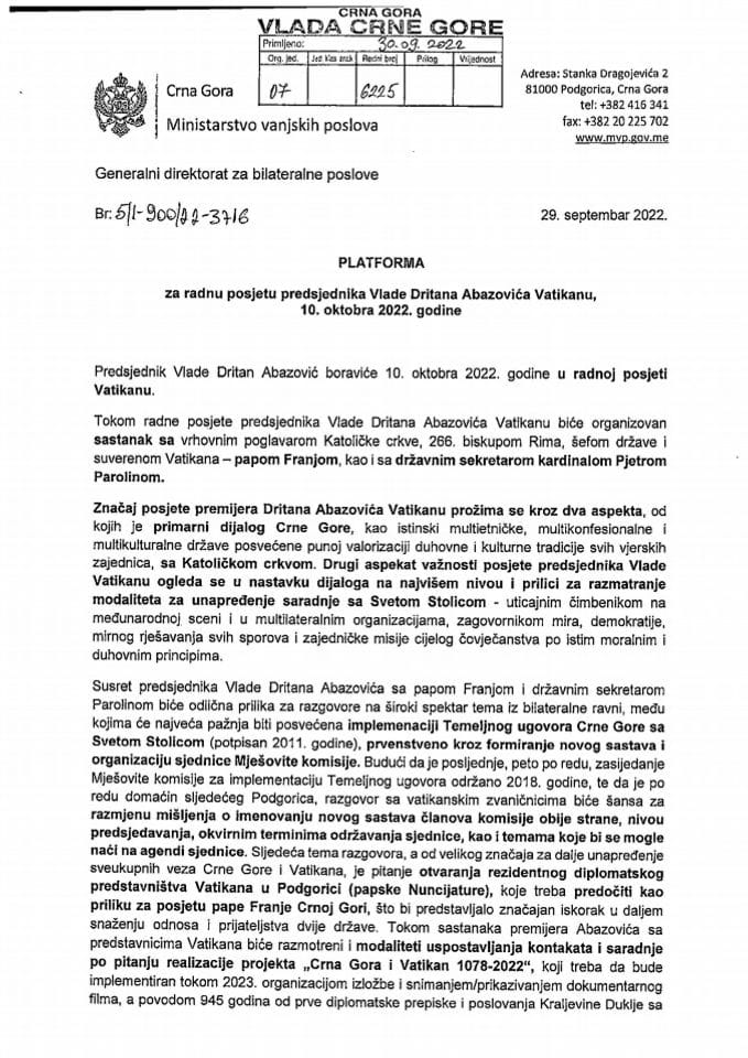 Предлог платформе за радну посјету предсједника Владе др Дритана Абазовића  Ватикану, 10. октобра 2022. године