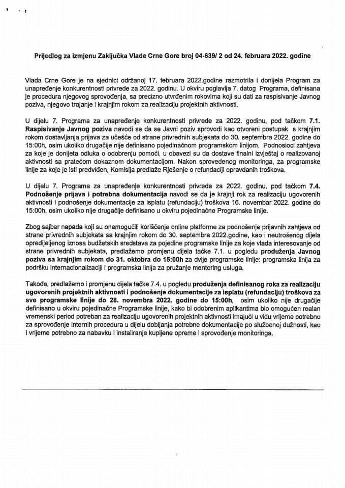 Predlog za izmjenu Zaključka Vlade Crne Gore, broj: 04-639/2, od 24. februara 2022. godine