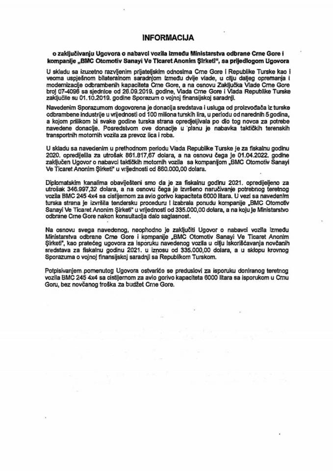 Informacija o zaključivanju Ugovora o nabavci vozila između Ministarstva odbrane Crne Gore i kompanije "BMC Otomotiv Sanayi Ve Ticaret Anonim Sirketi" sa Predlogom ugovora